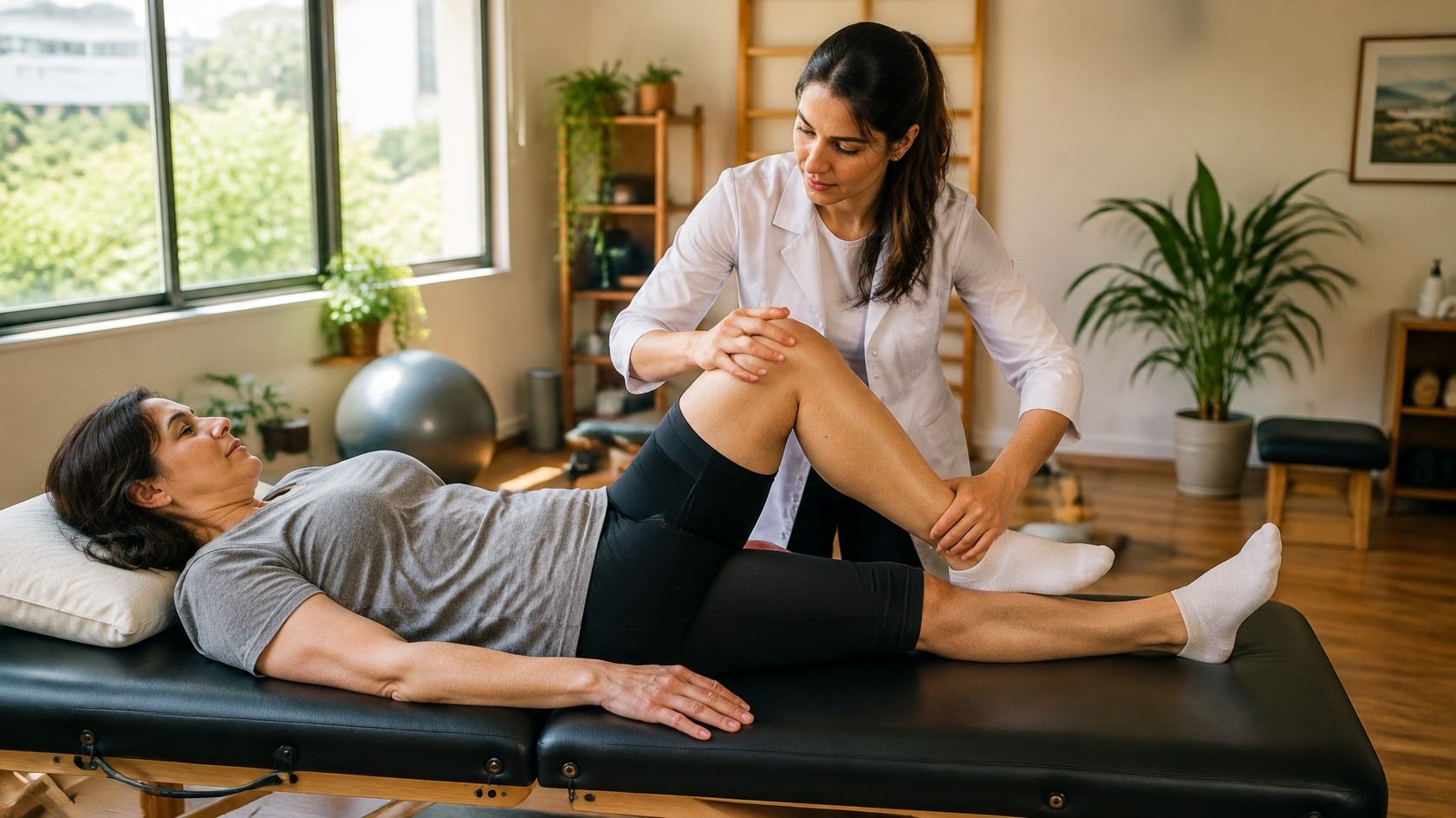 Capa do site da clínica: fisioterapeuta orientando paciente