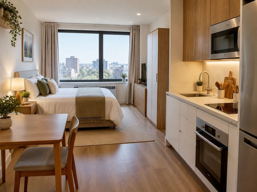 Studio mobiliado com cozinha compacta